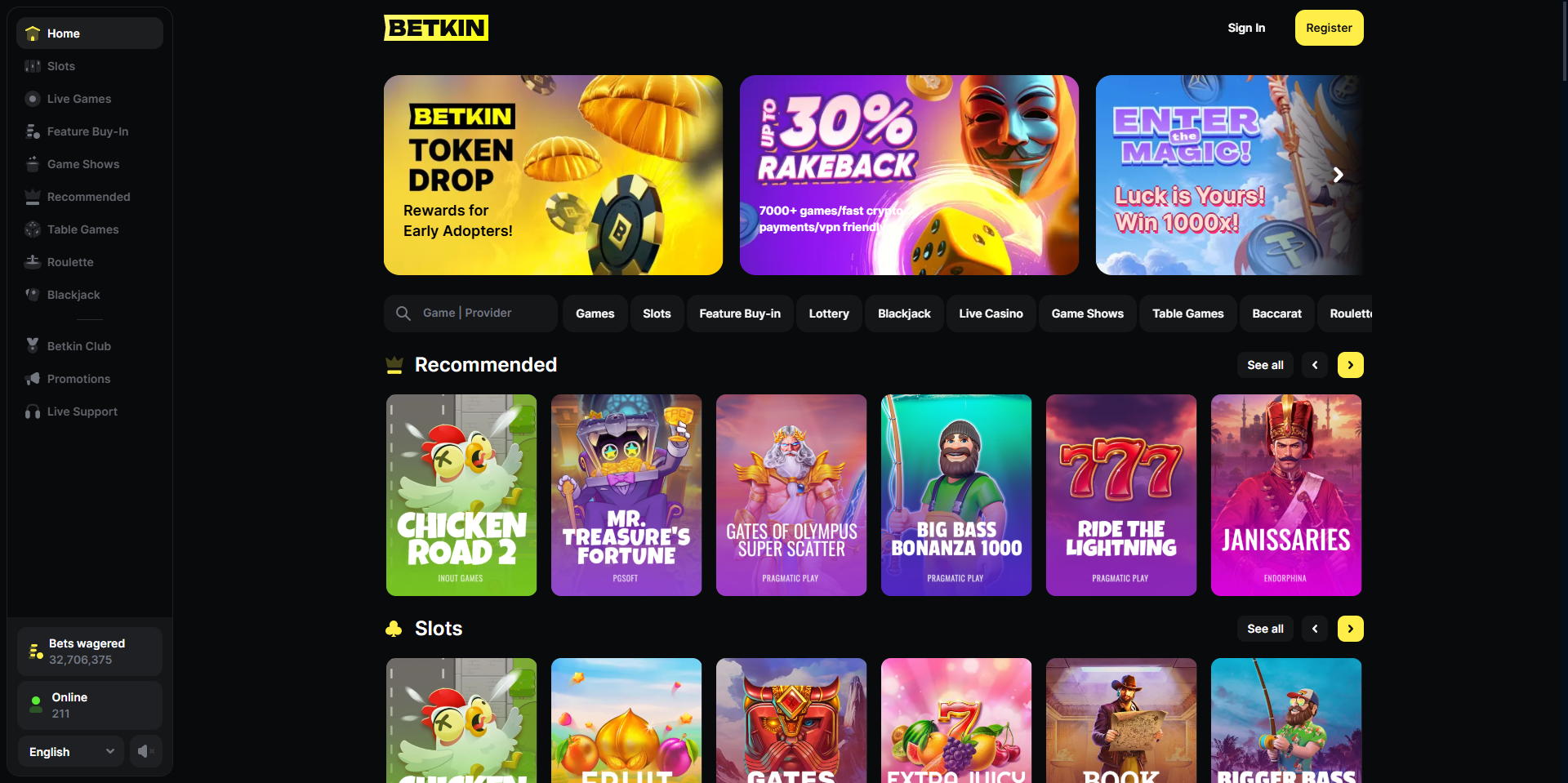 Betkin Casino landing page