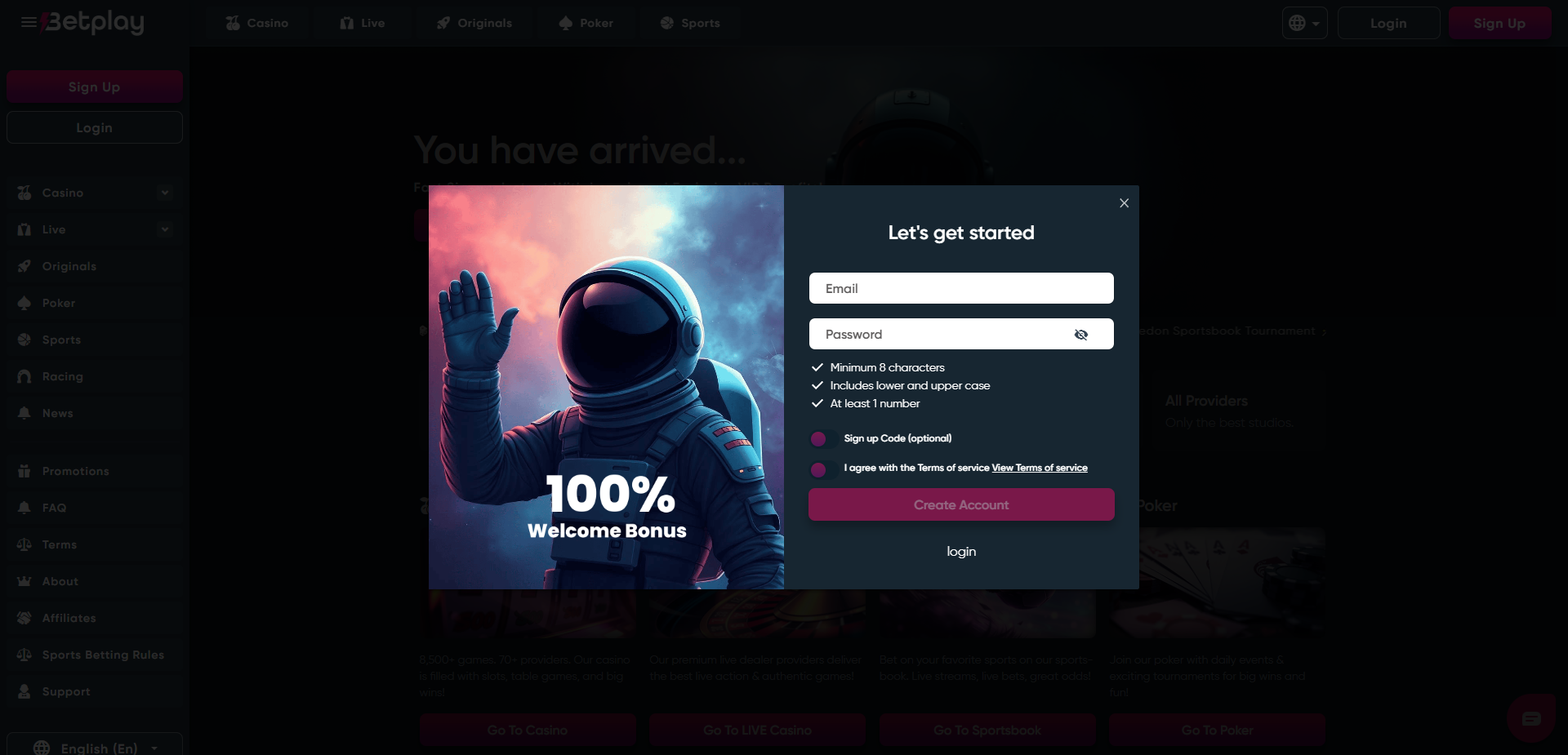 Betplay sign up page window