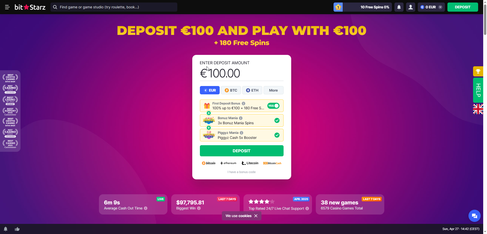 BitStarz landing page after registration
