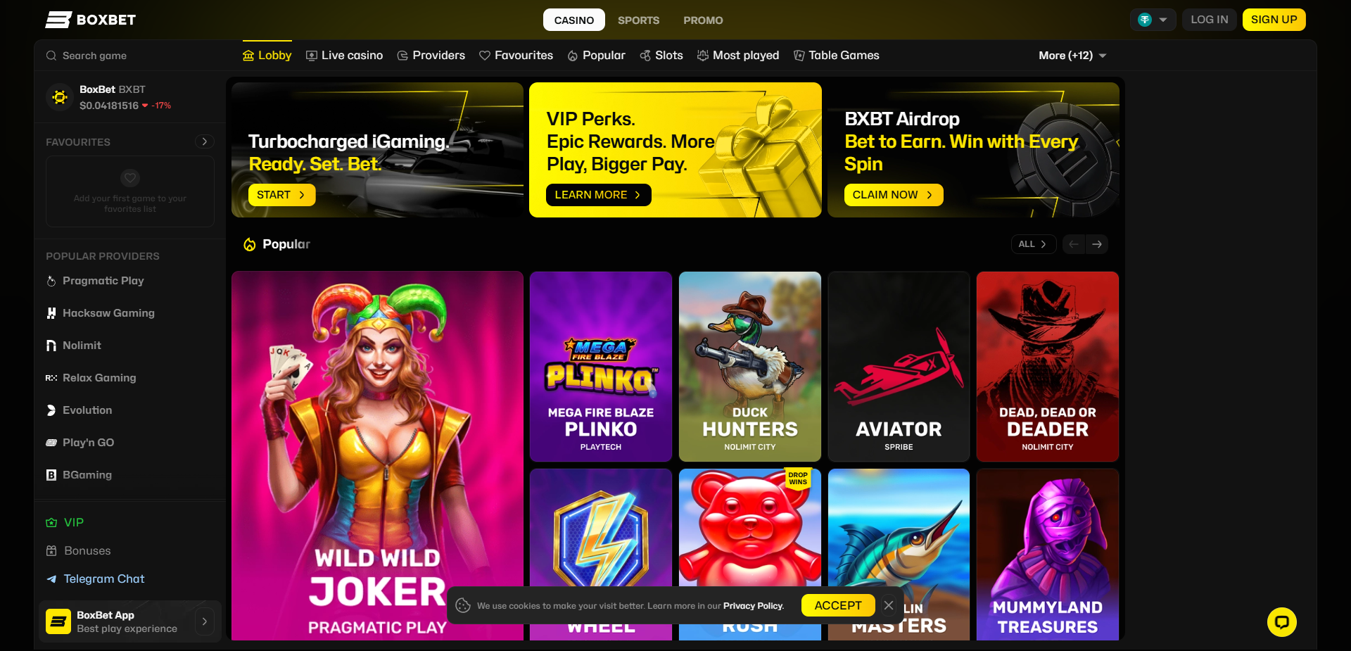 BoxBet casino landing page
