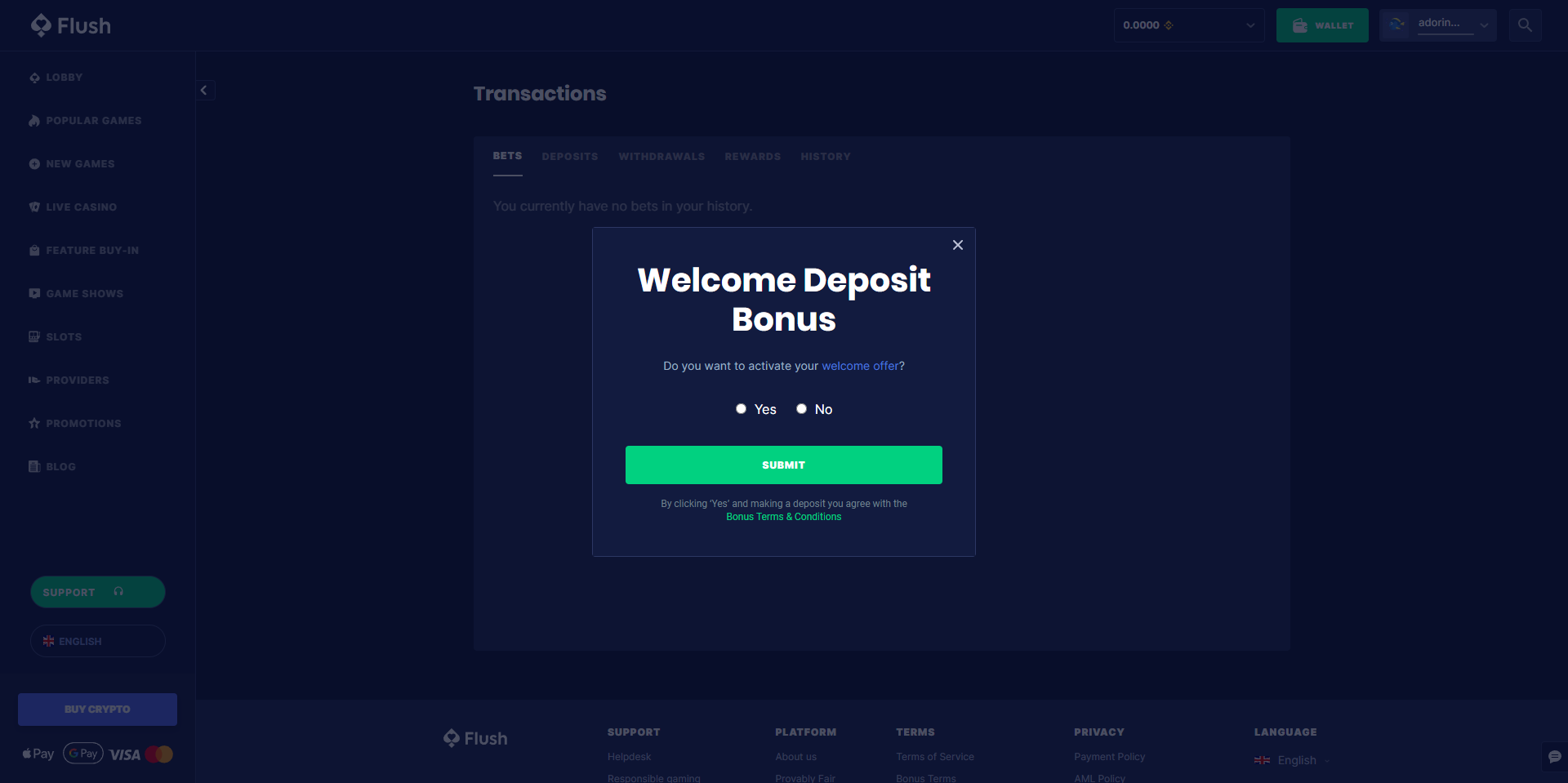 Modal window for deposit and welcome bonus activation