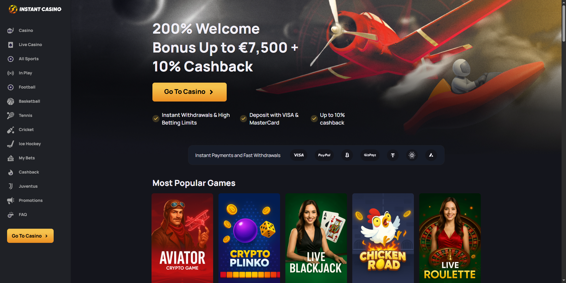 Instant Casino landing page