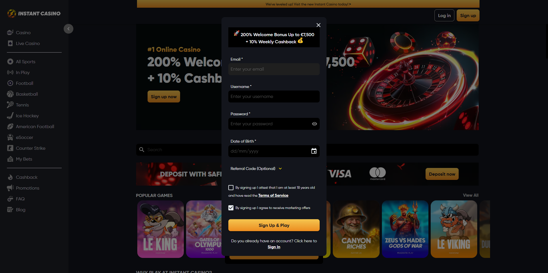 Instant Casino registration page